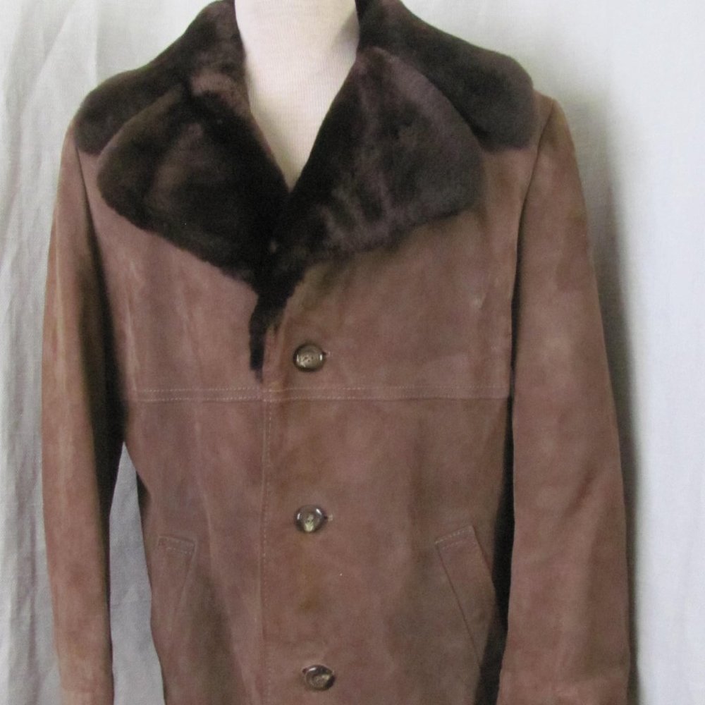Men's Vintage Brown Suede Heavy Coat Faux Fur Detail XXL (46)
